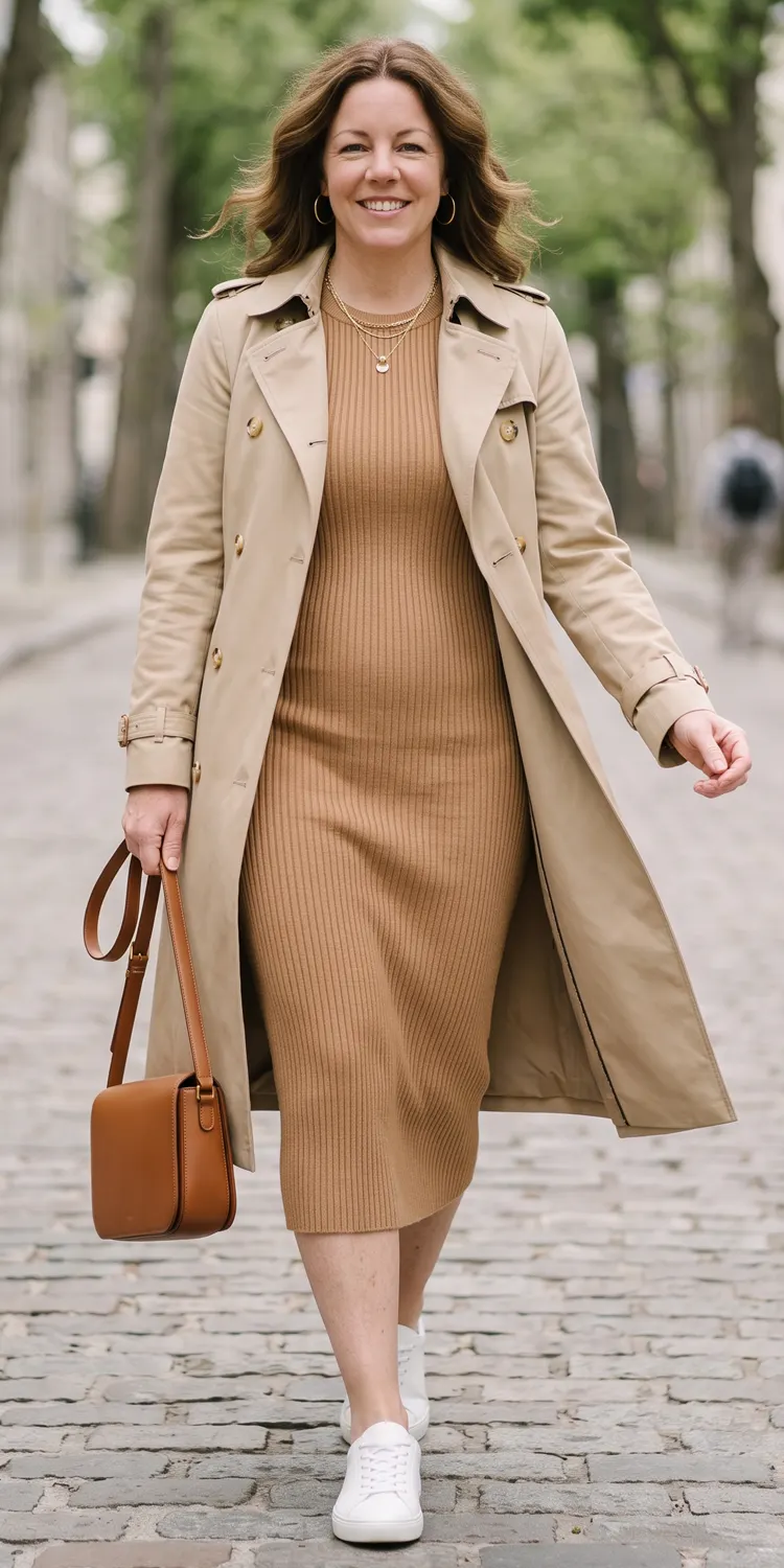 Camel Ribbed Knit Midi Dress Paired with a Longline Trench