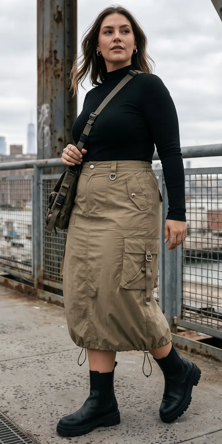 Cargo Utility Midi Skirt with a Mock-Neck Long Sleeve and Lug-Sole Chelsea Boots