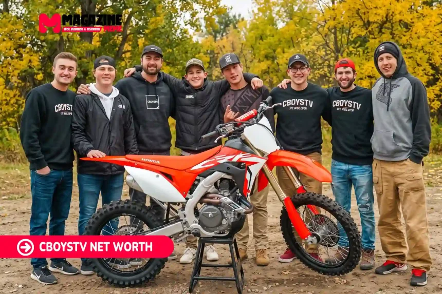 CboysTV group of eight in team sweatshirts beside a Honda dirt bike for the CboysTV net worth article
