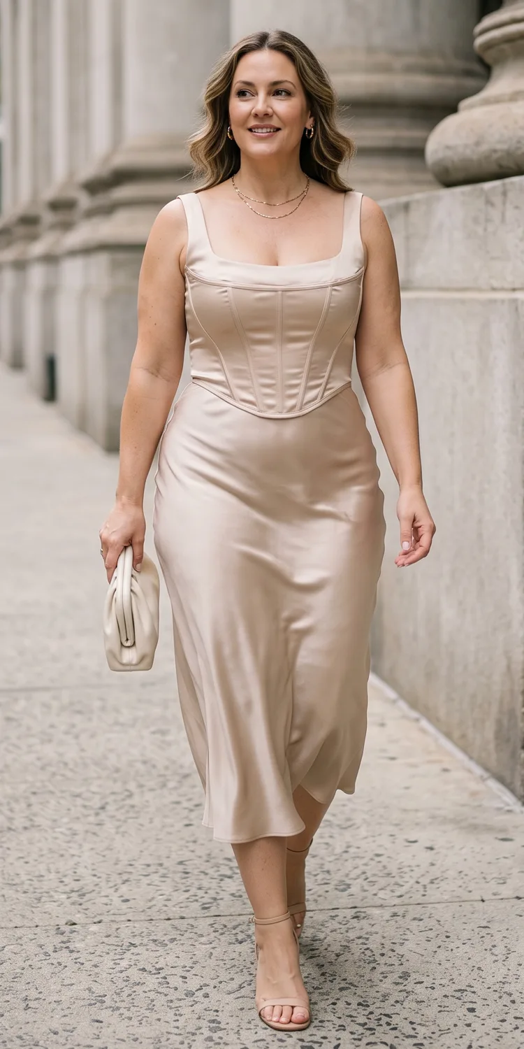 Champagne Satin Corset Paired with a Bias-Cut Slip Skirt