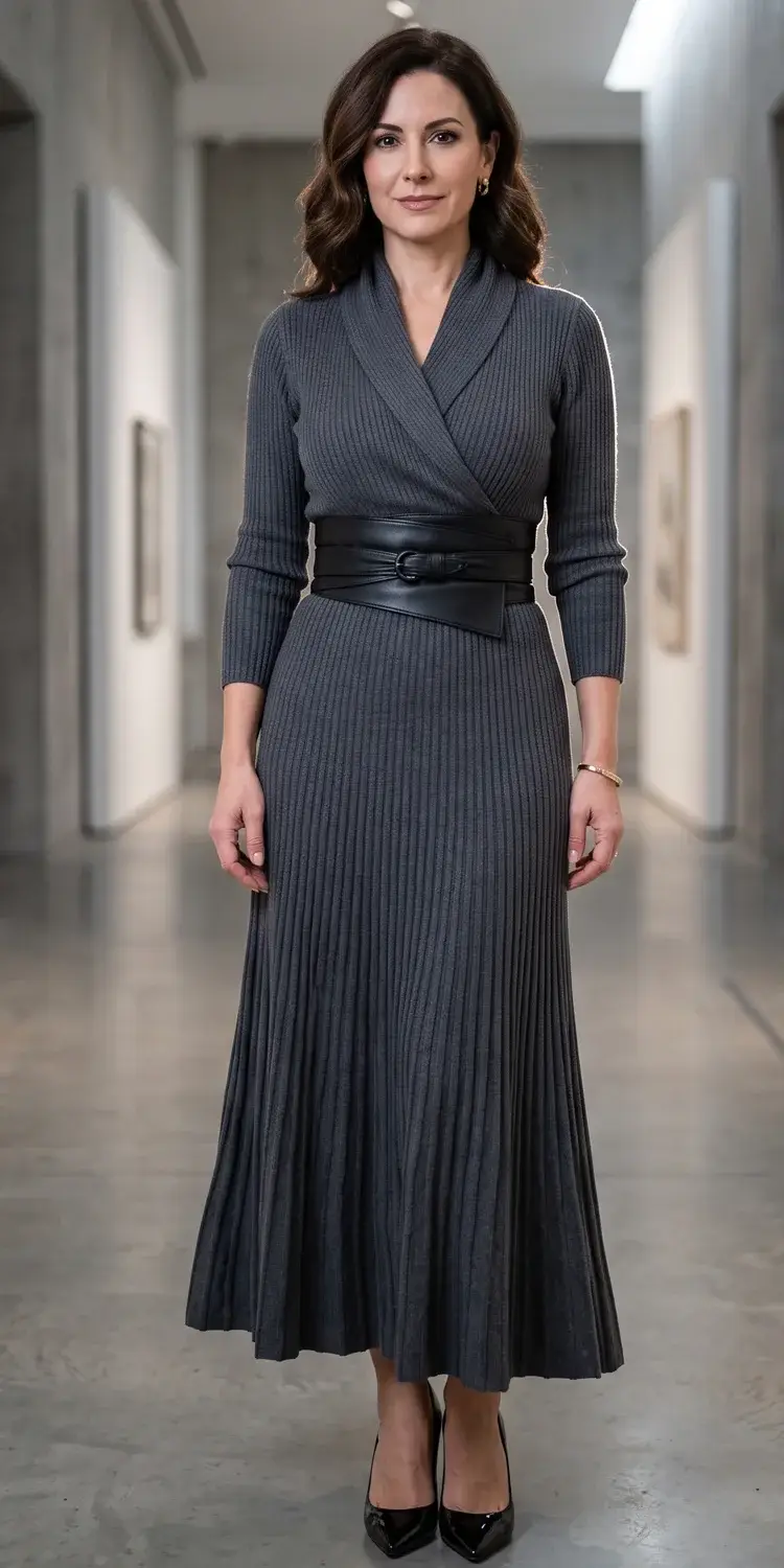 Charcoal Ribbed Sweater Dress Cinched with a Wide Leather Obi Belt