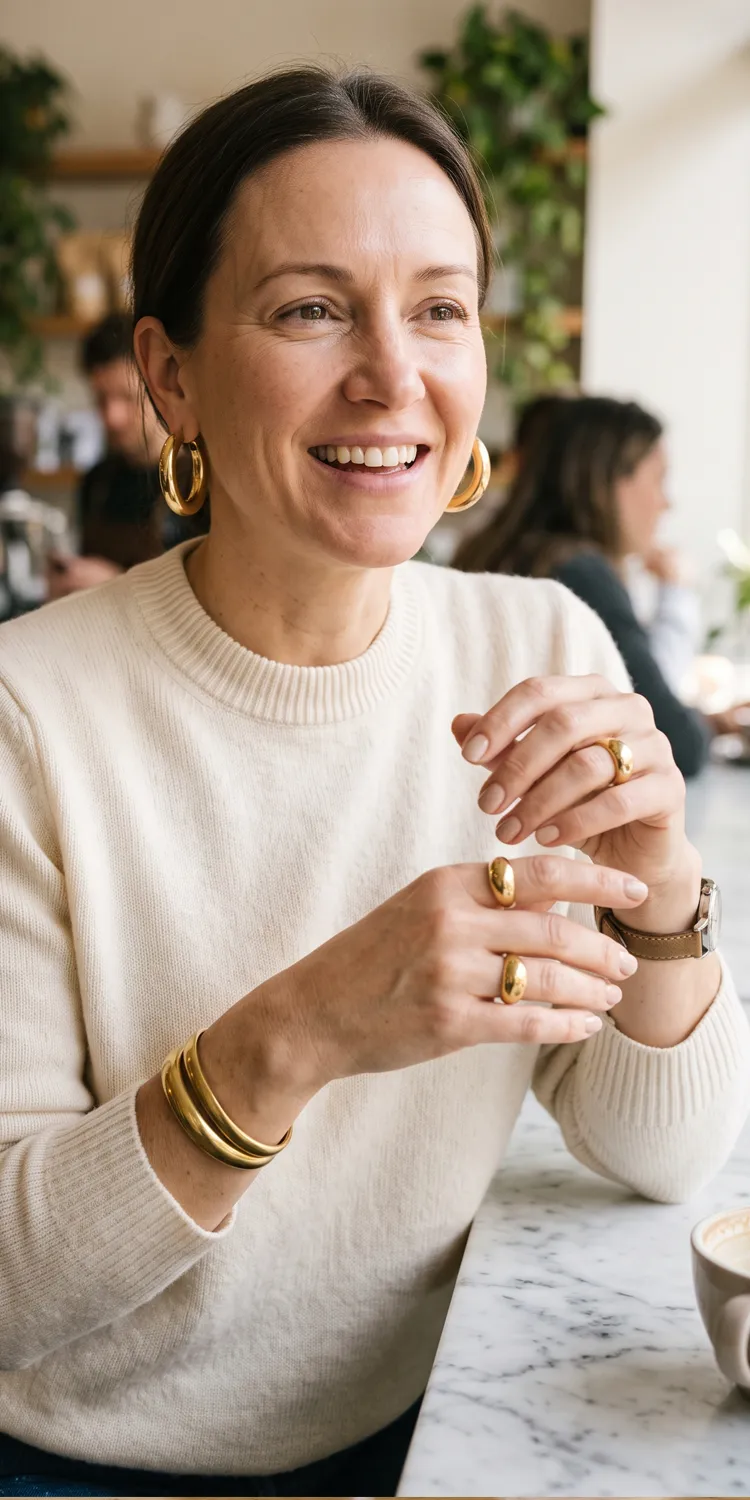 Stack Solid Gold Bangles and Chunky Hoops on Top of Simple Neutrals