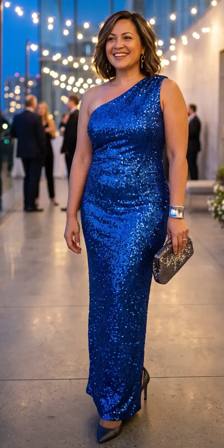 Cobalt Blue One-Shoulder Sequin Column