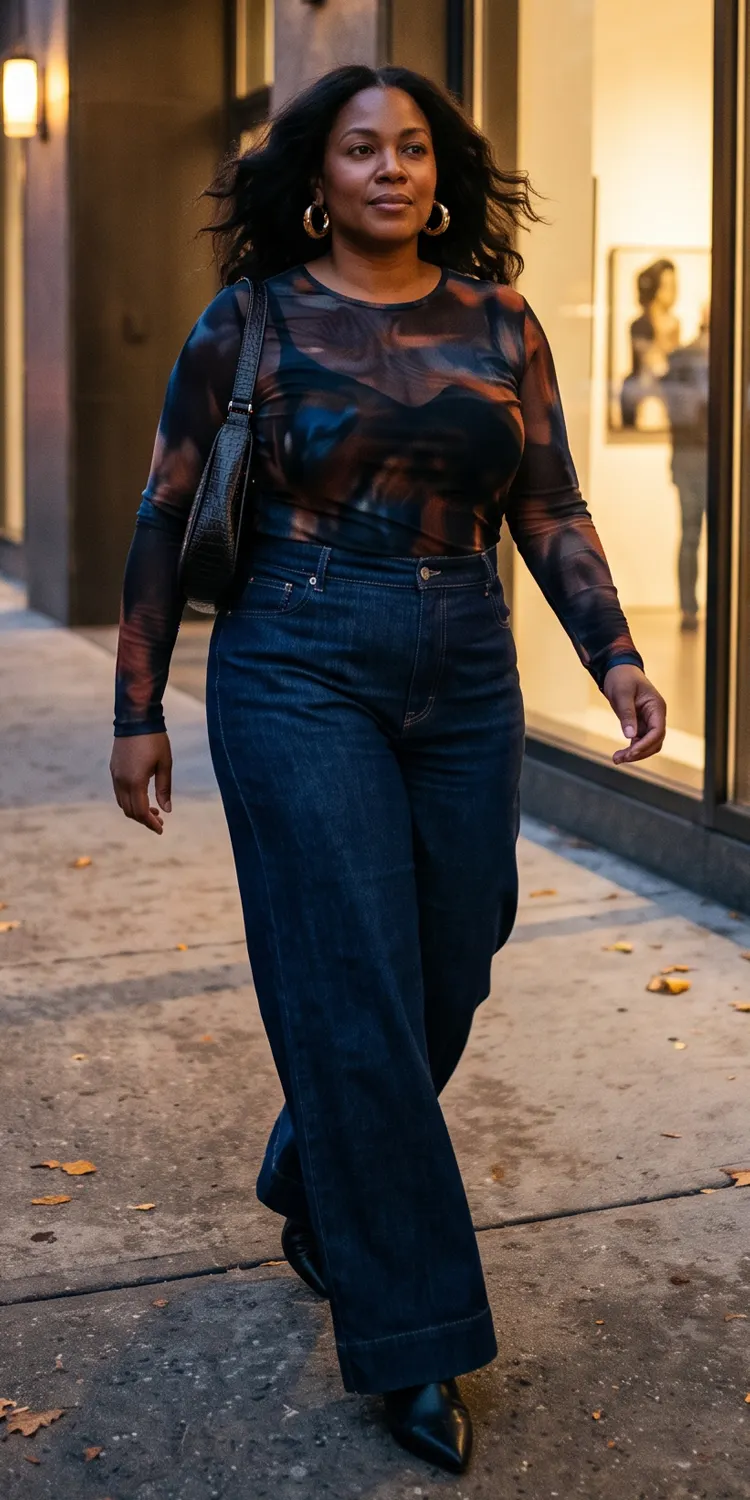 Contrast Structured Dark Denim With a Long-Sleeve Mesh Bodysuit