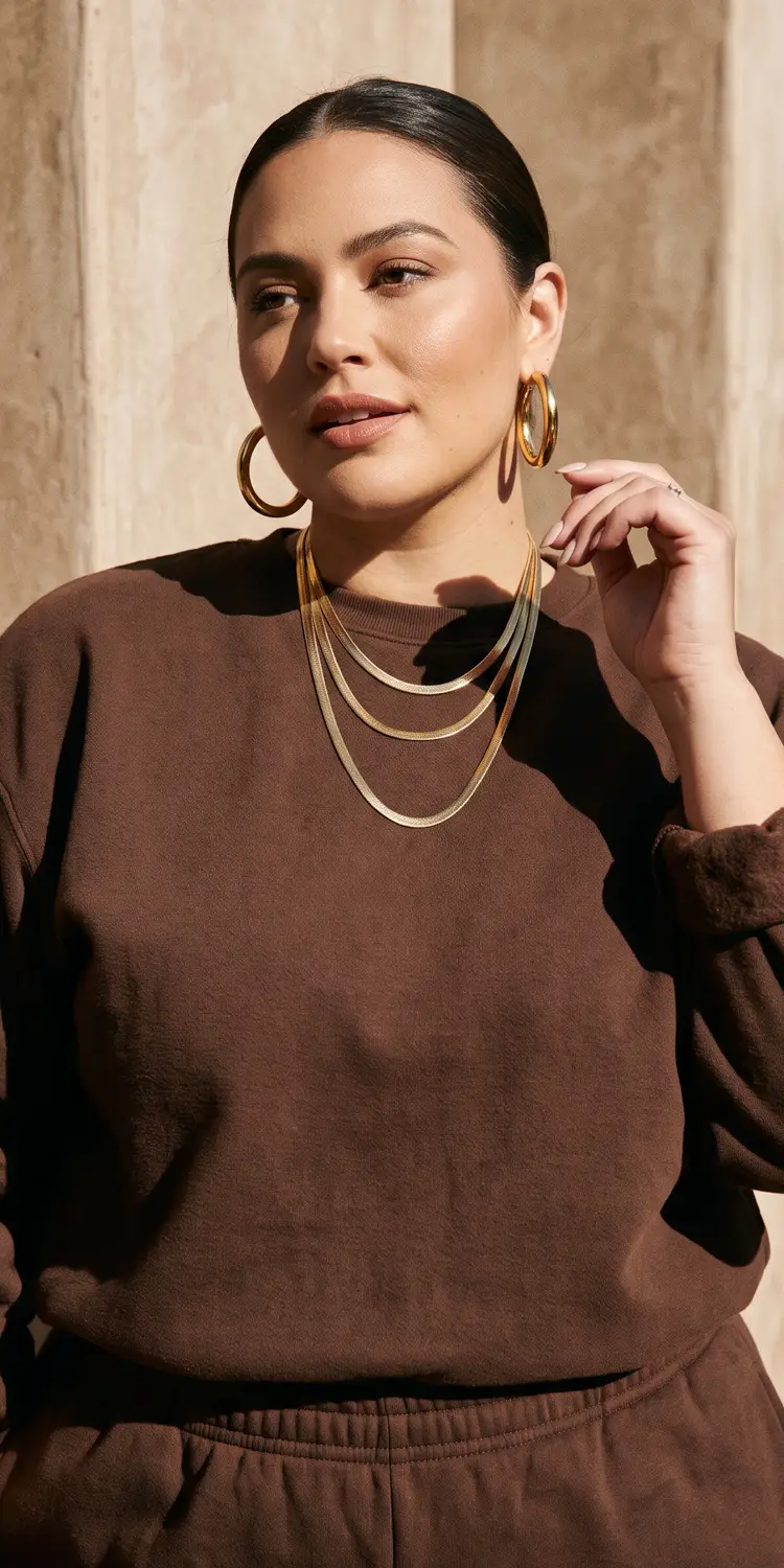 Coordinated Monochrome Tracksuit Styled with Chunky Gold Chains and Structured Hoops