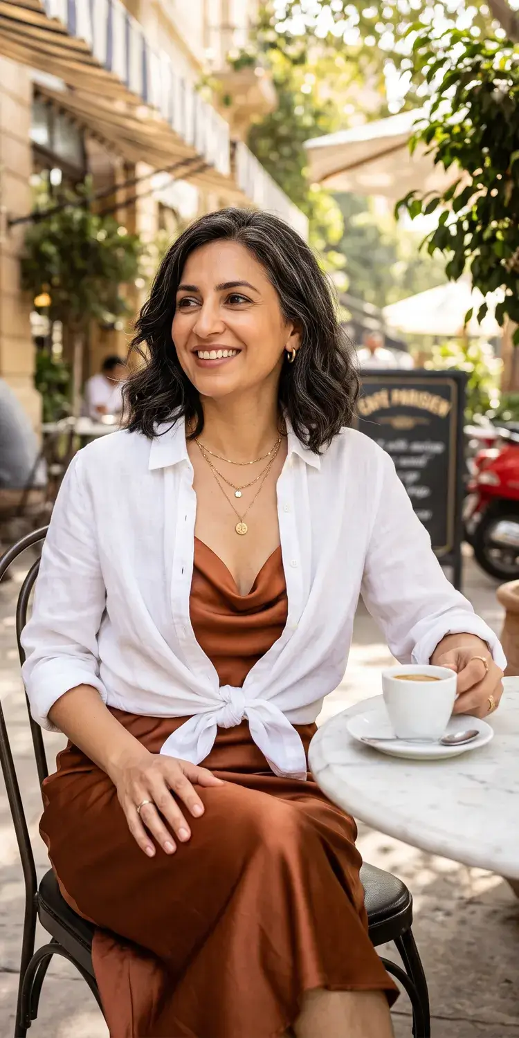 Cowl-Neck Satin Slip Dress Layered Under an Unbuttoned Linen Shirt