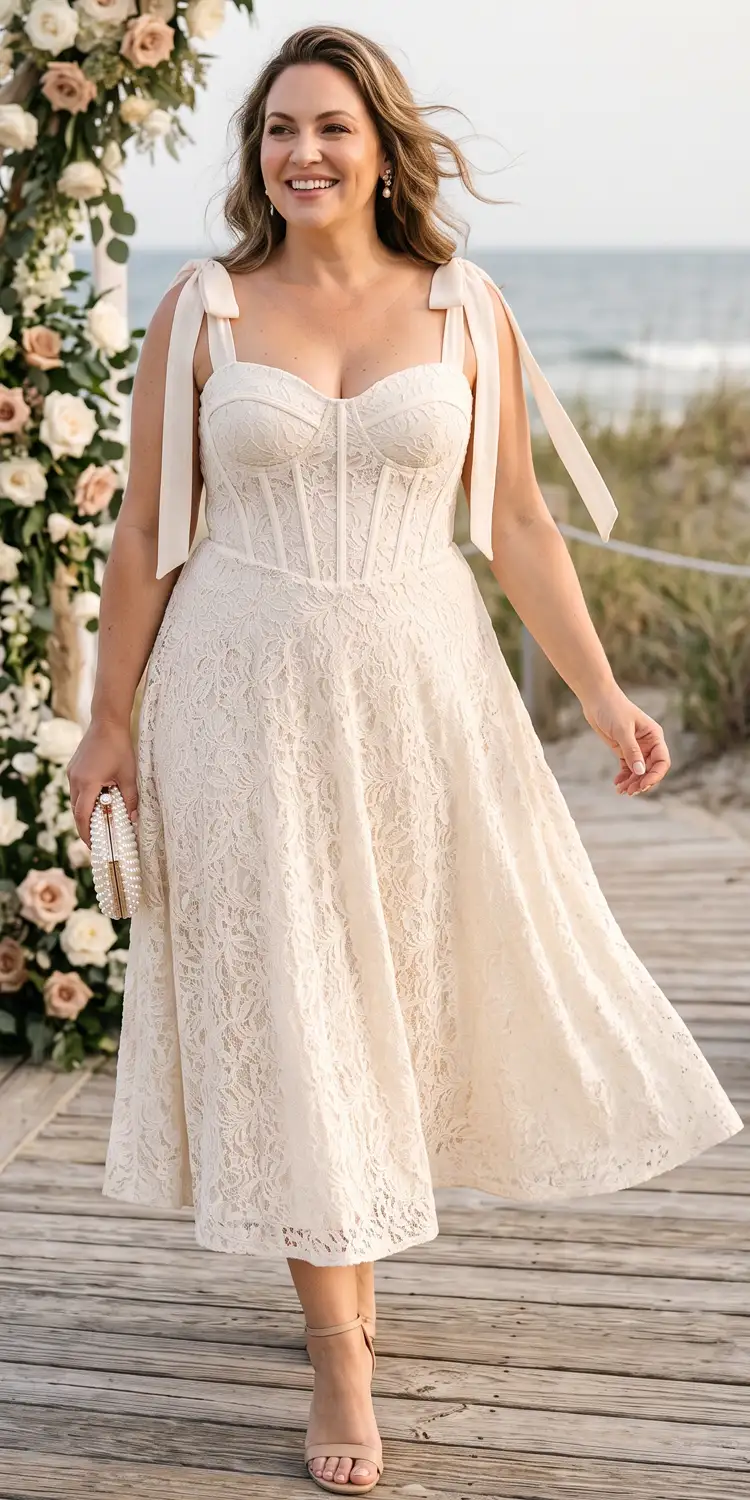 Cream Corded Lace Bustier Dress with Soft Shoulder Ties