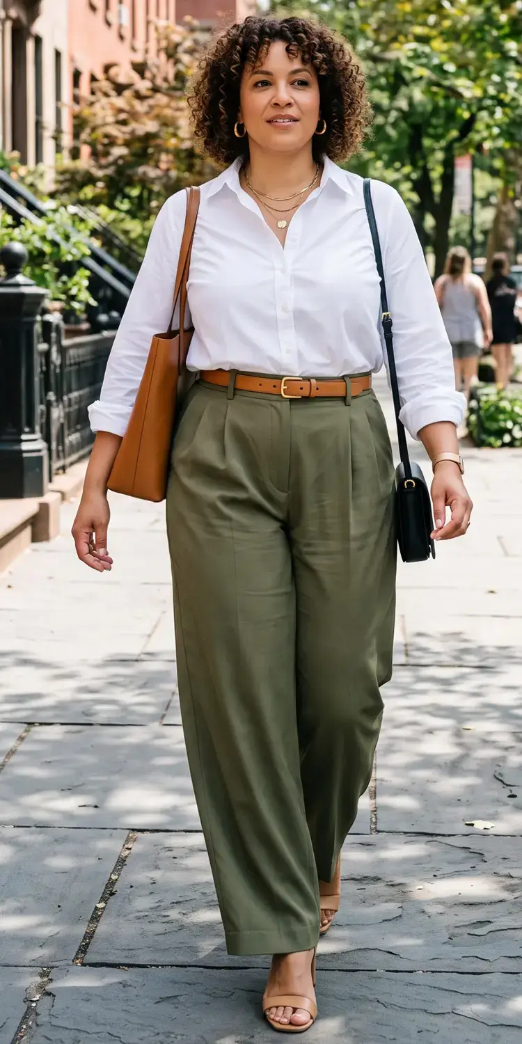 Crisp White Button-Down Tucked into Olive Pleated Wide-Leg Trousers