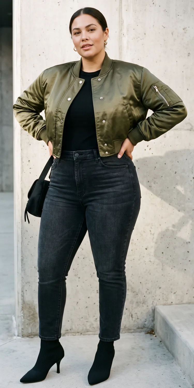Cropped Bomber Jacket Over High-Waist Black Denim and Sock Booties