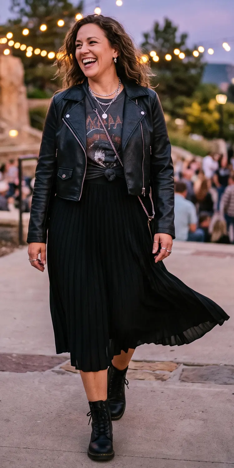 Throw a Cropped Moto Jacket Over a Fitted Graphic Tee and a Pleated Midi Skirt