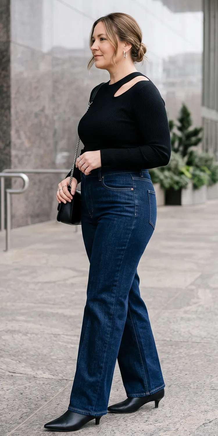 Anchor a Cutout Knit Top with Dark Wash Trouser Jeans and Pointed Low Kitten Boots