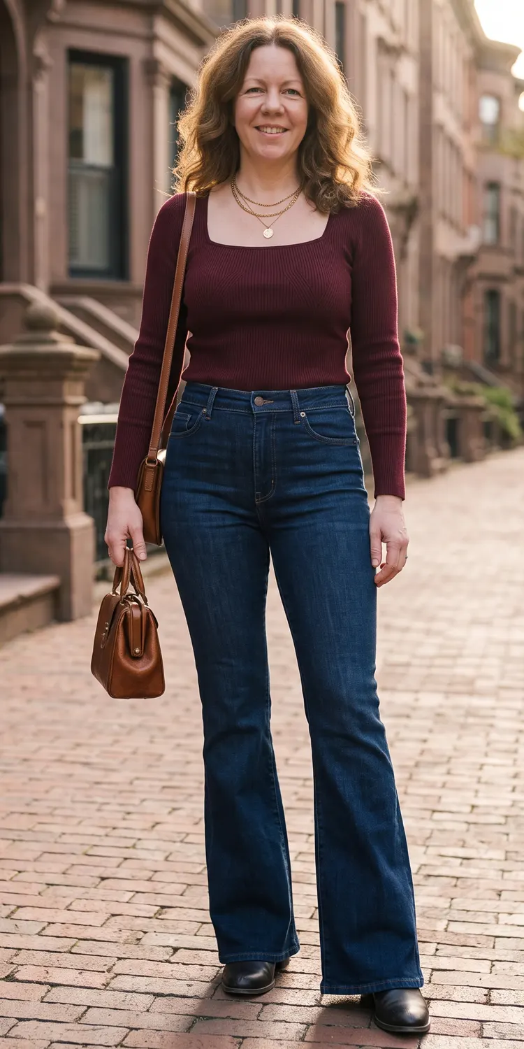 Dark Indigo High-Rise Flare Jeans with a Sharp Square-Neck Top
