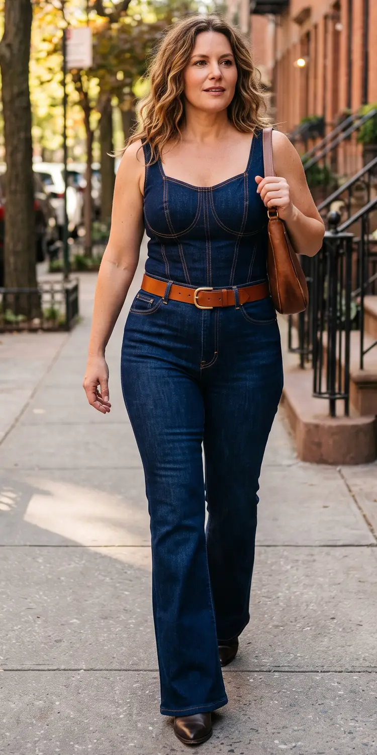 Dark Wash Denim Corset Top with High-Rise Flare Jeans