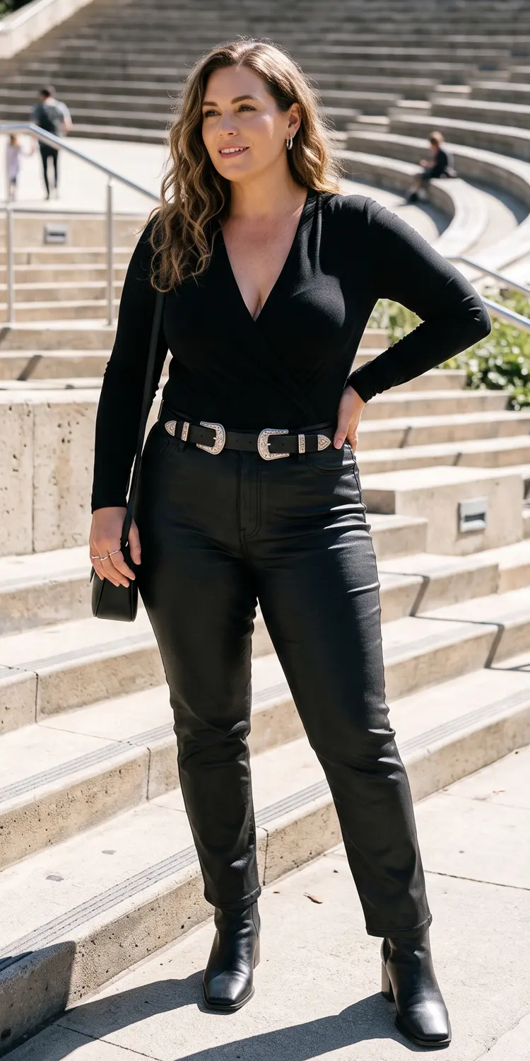 Combine a Deep V Wrap Bodysuit with Coated Denim and a Western Inspired Belt