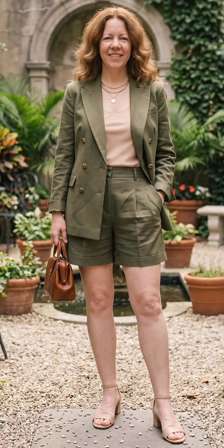 Double-Breasted Short Suit with Minimalist Low Block Heels