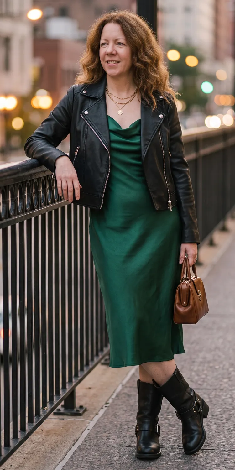 Draped Slip Dress Toughened Up with a Cropped Moto Jacket