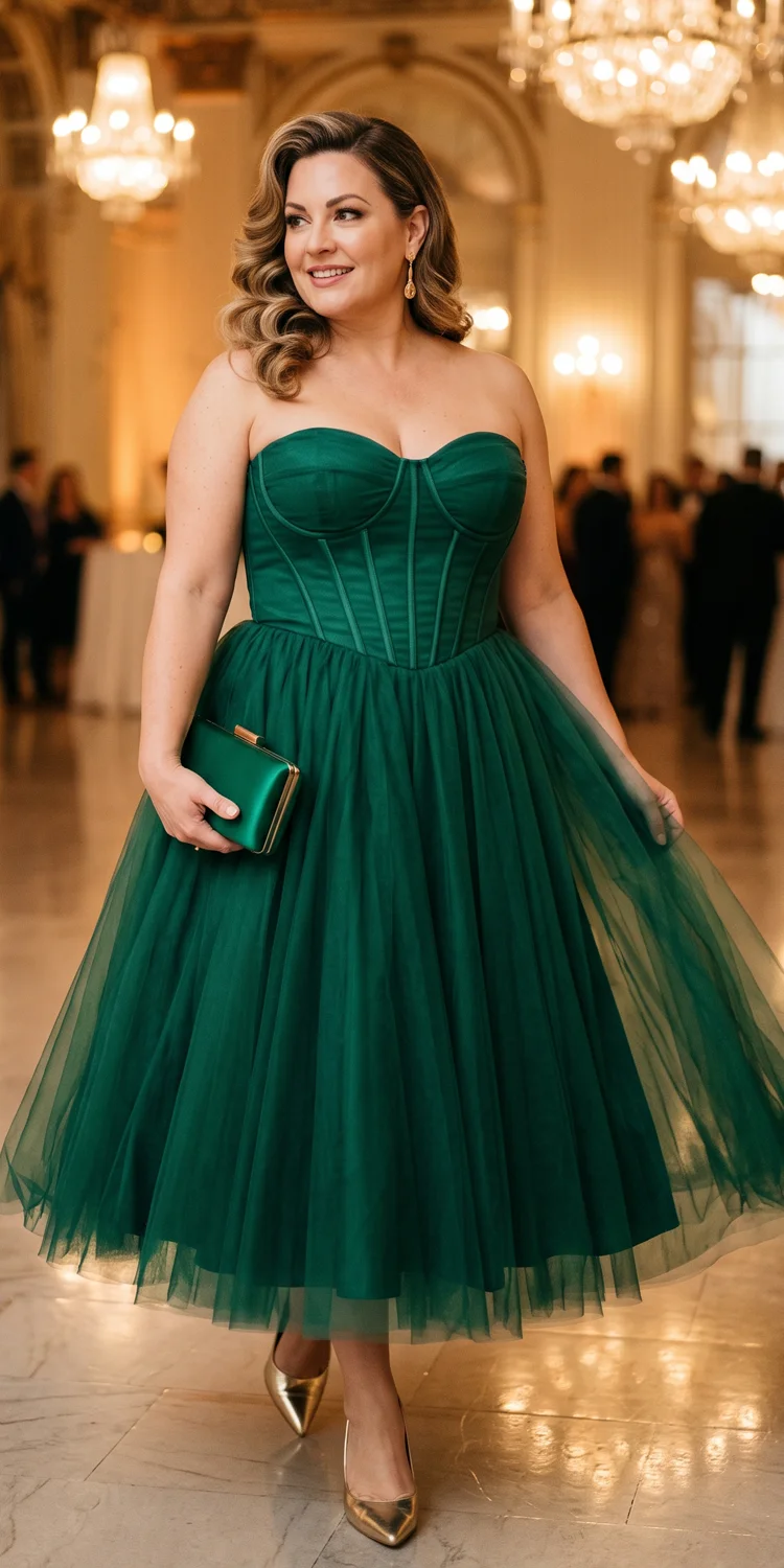 Emerald Sweetheart Corset Dress with a Structured Tea-Length Skirt