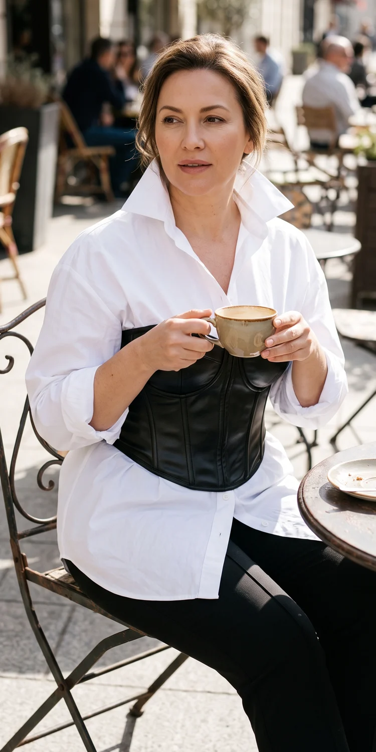 Faux Leather Corset Layered Over a Crisp Poplin Button-Down