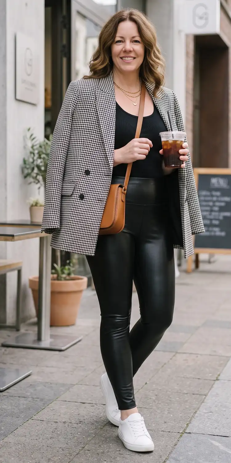 High-Rise Faux Leather Leggings Beneath an Oversized Tailored Blazer