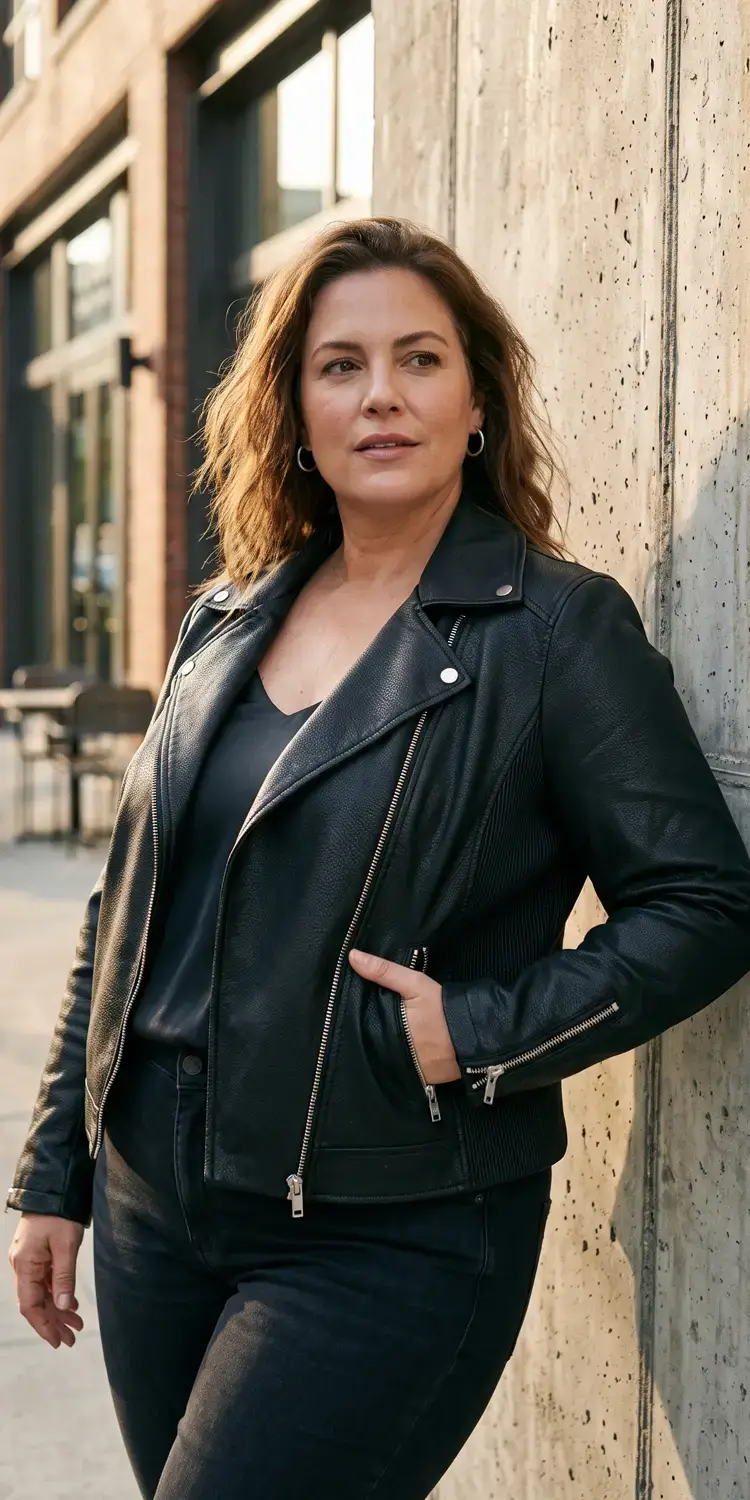 Faux-Leather Moto Jacket with Stretch Rib Panels