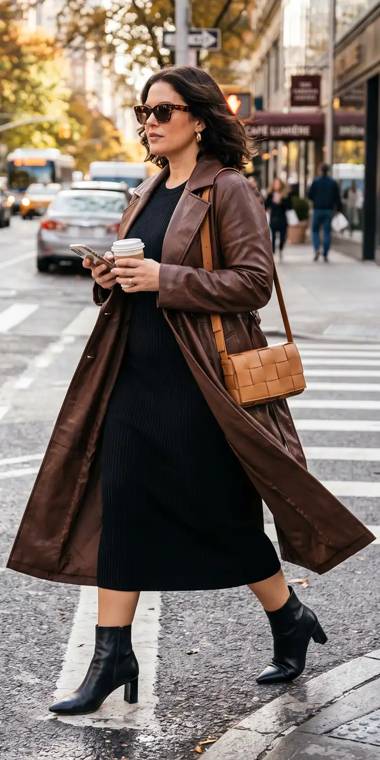 Faux Leather Trench Worn Open Over a Monochrome Ribbed Midi Dress