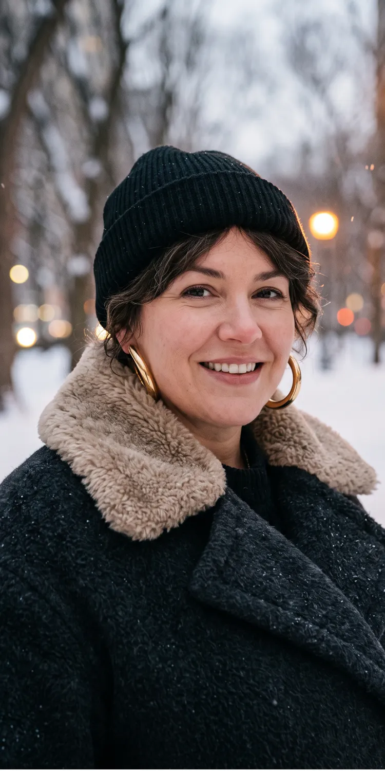 Finish with Chunky Metal Hoops and a Rolled Fisherman Beanie