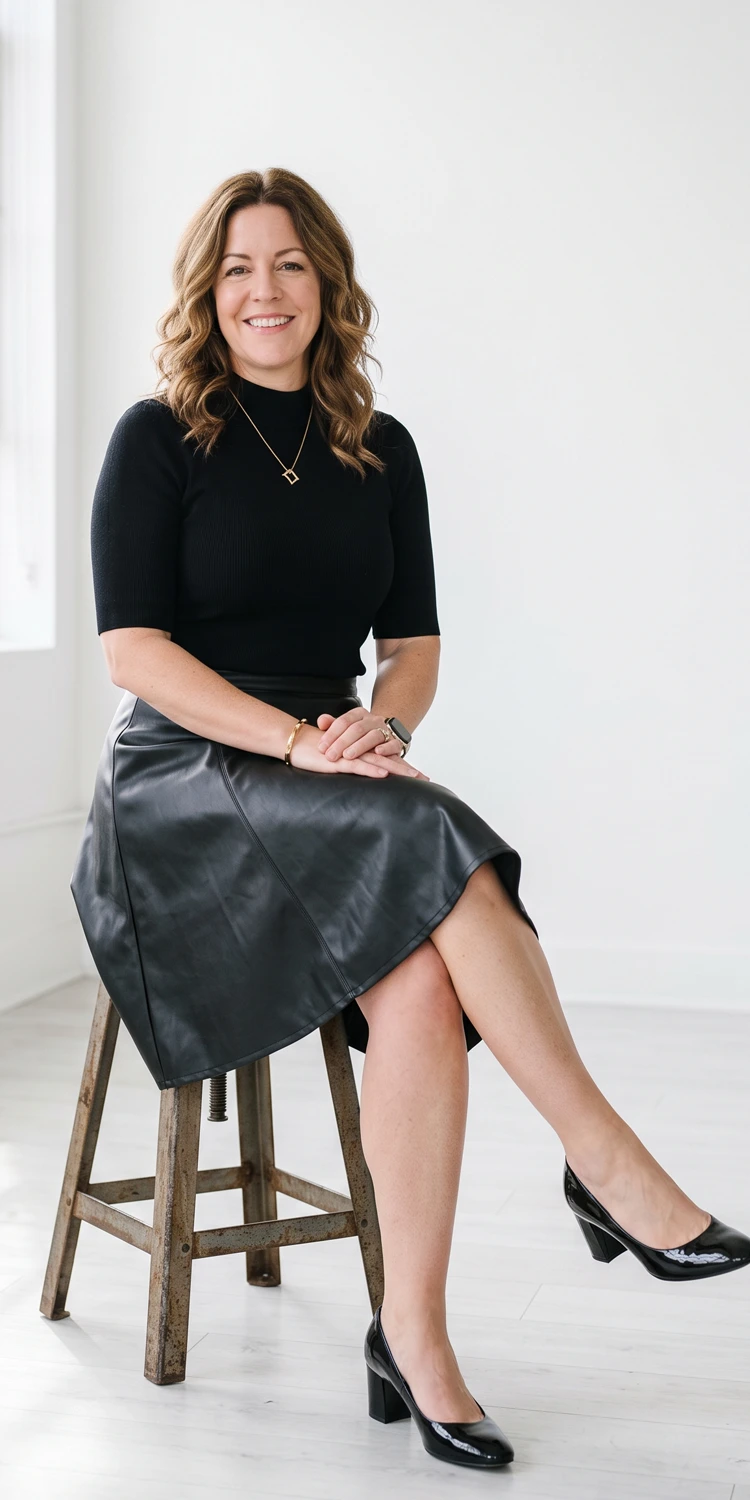 Fitted Black Mock Neck Top with a High-Rise Faux Leather Skirt
