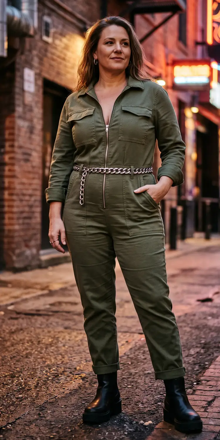Style a Fitted Utility Jumpsuit with an Eye Catching Chain Belt and Lug Sole Boots