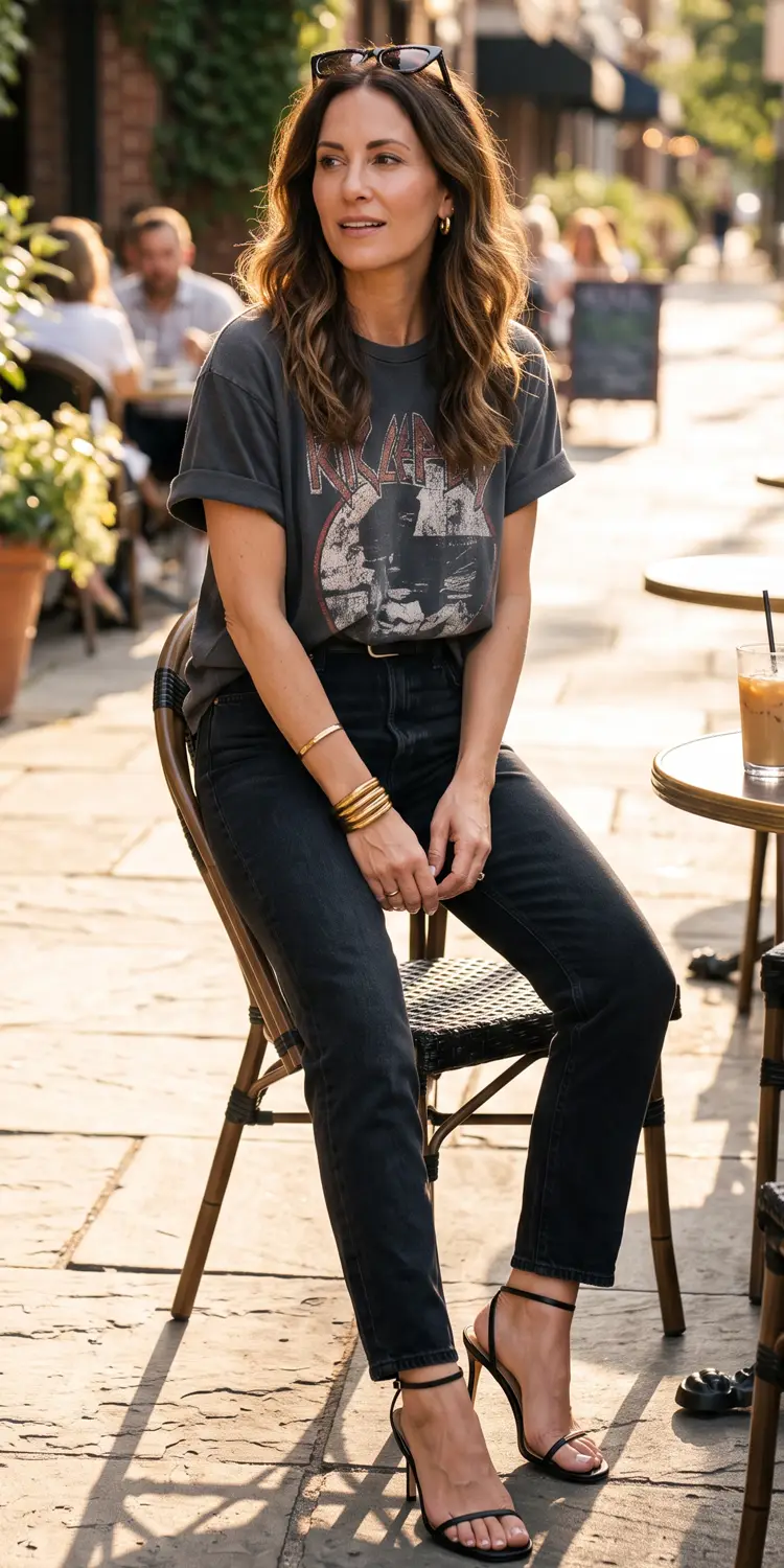 French Tuck a Vintage Graphic Tee and Add Thin Strap Heels