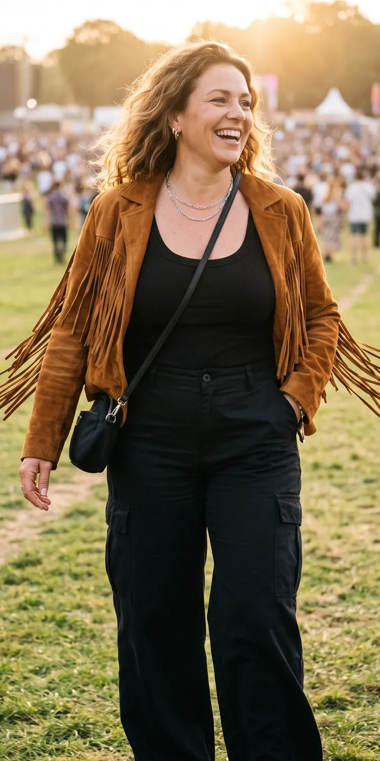 Layer a Fringed Suede Jacket Over a Monochromatic Ribbed Tank and High Rise Cargo Pants