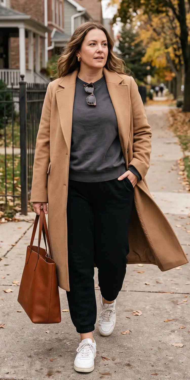 Ground Casual Athleisure With Clean Retro Sneakers and a Structured Overcoat
