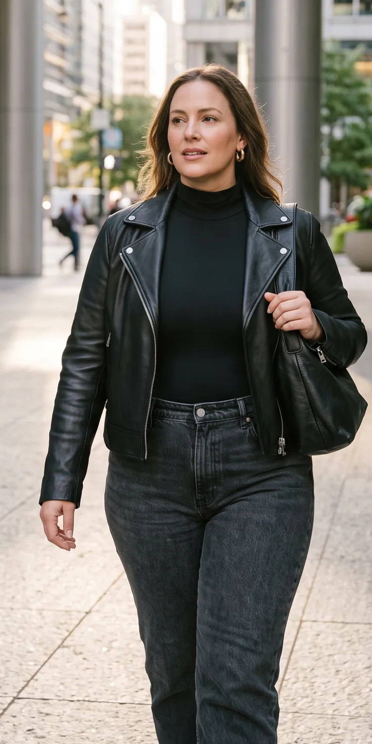 Layer a Sleek High-Neck Bodysuit Under an Open Moto Jacket