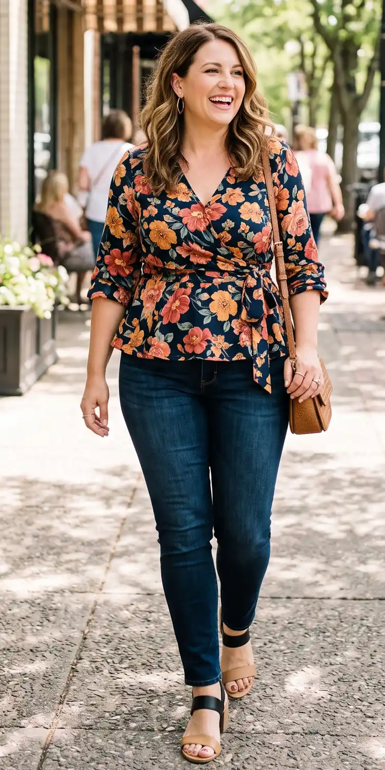 High-Rise Dark Denim Paired with a Sculpted Peplum Wrap Top