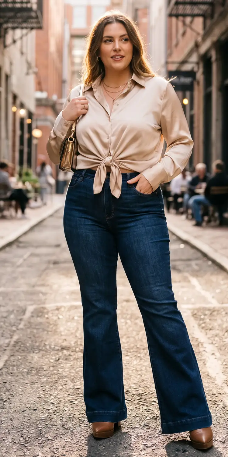 High-Rise Flare Jeans with a Draped Satin Button-Down Tied at the Waist
