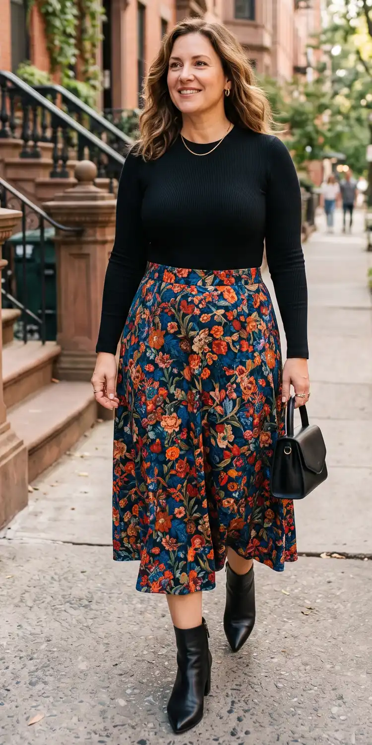 High-Waist Statement A-Line Midi Skirt with a Fitted Ribbed Bodysuit