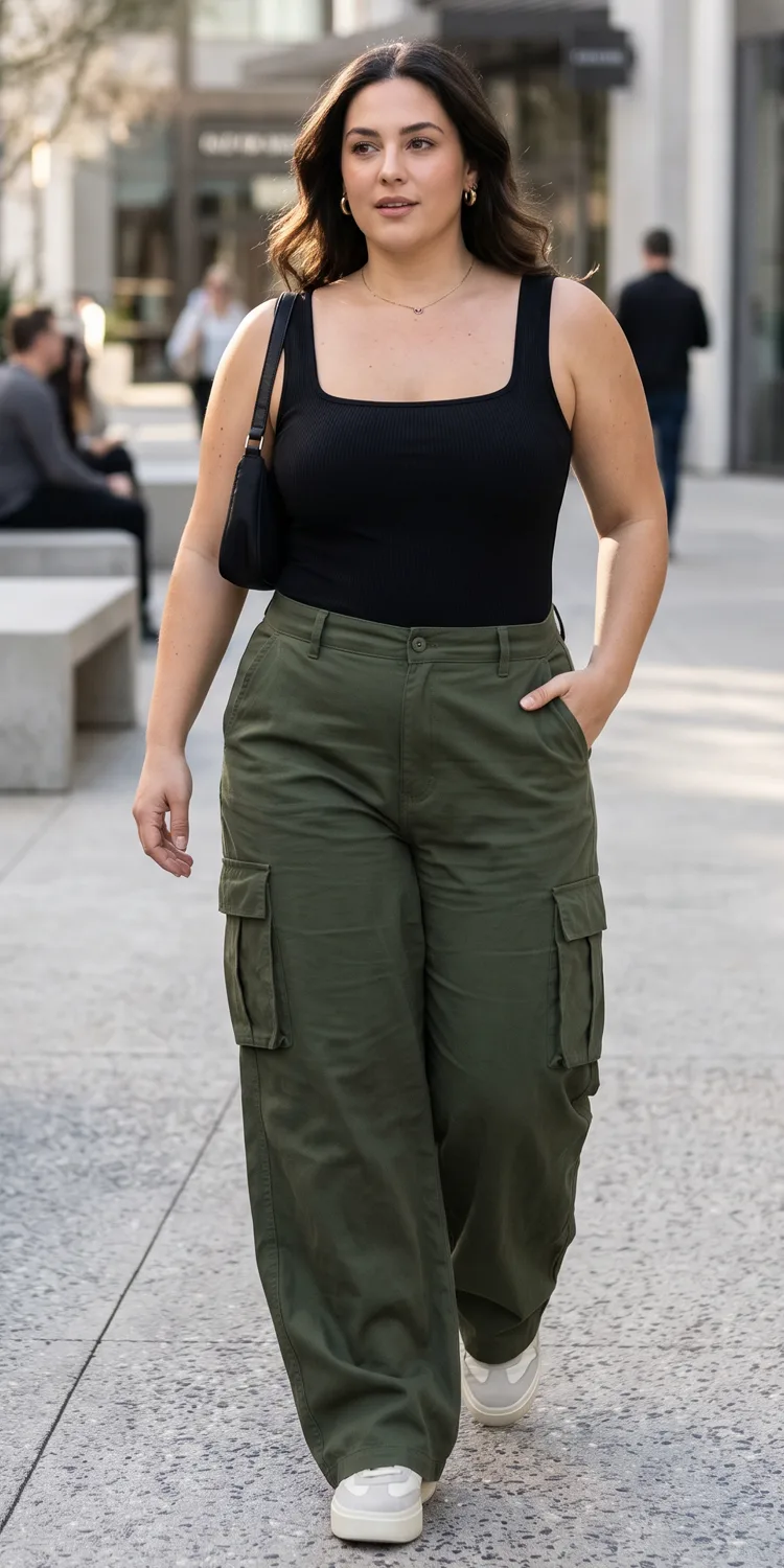 High-Waisted Wide-Leg Cargo Pants with a Fitted Ribbed Bodysuit