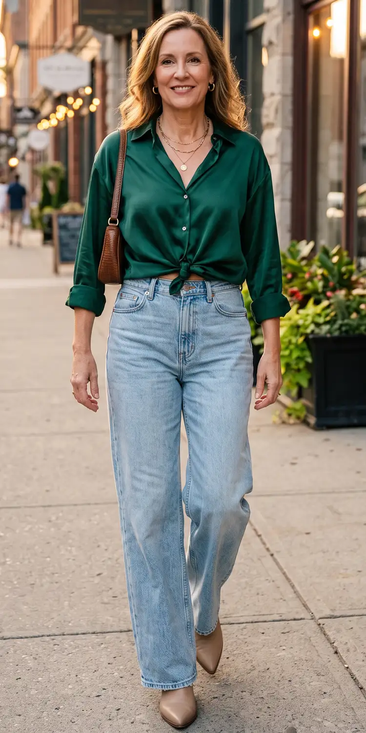 Knot an Open Satin Button-Down Over High-Rise Wide-Leg Jeans