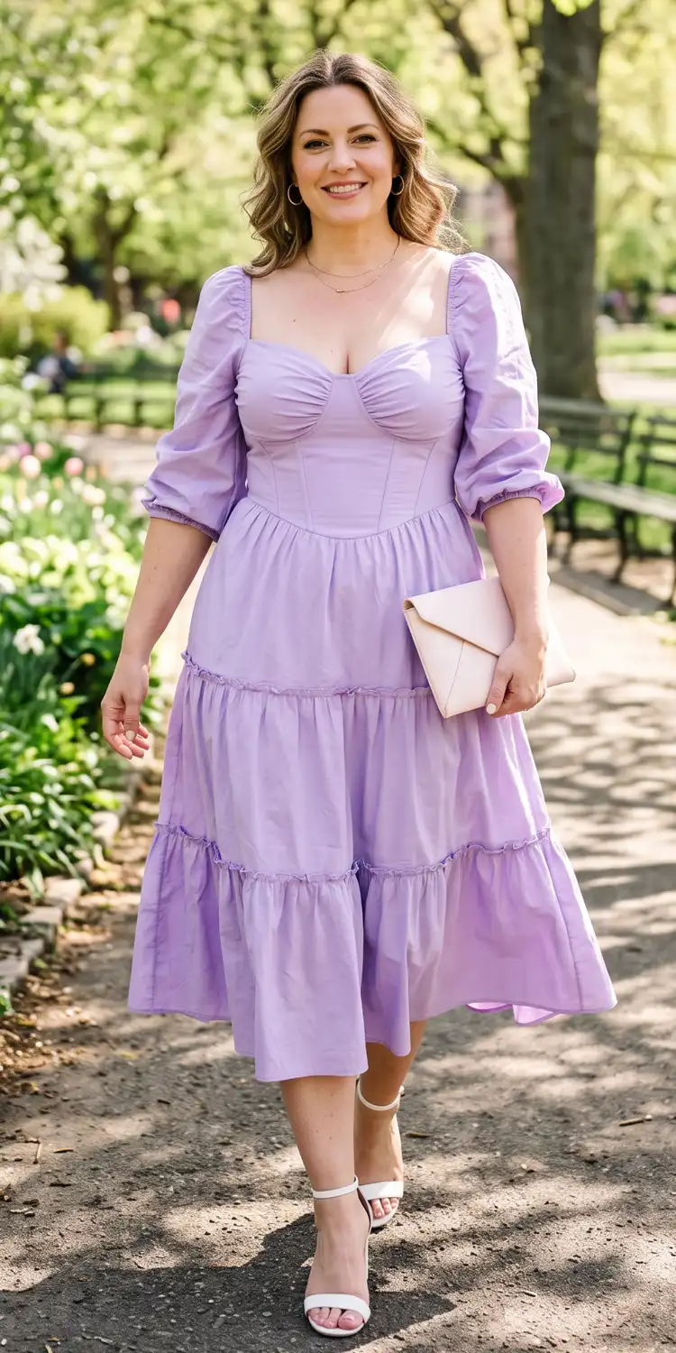 Lavender Sweetheart Corset Midi with Soft Puff Sleeves