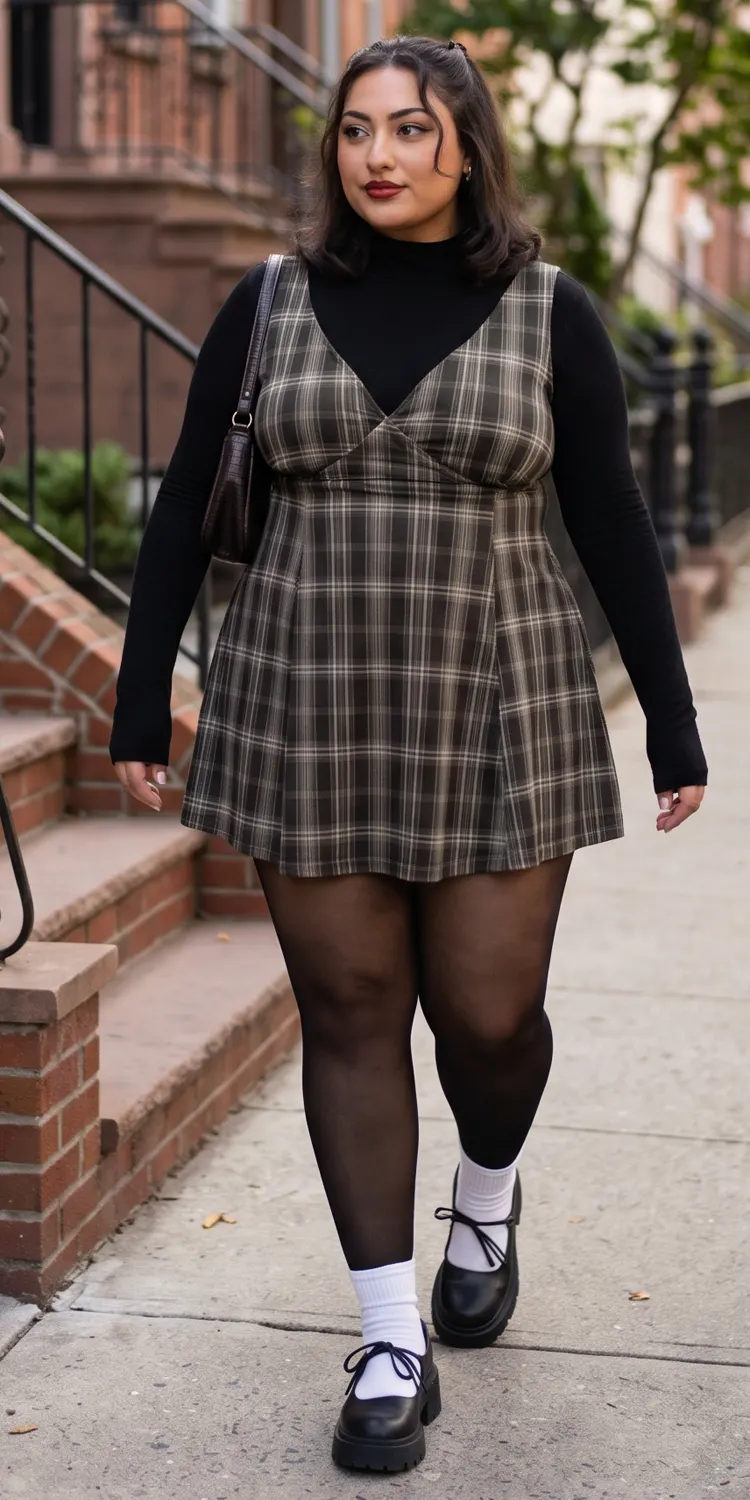 Layer Dark Academia Plaids Over a Snug Black Mock Neck