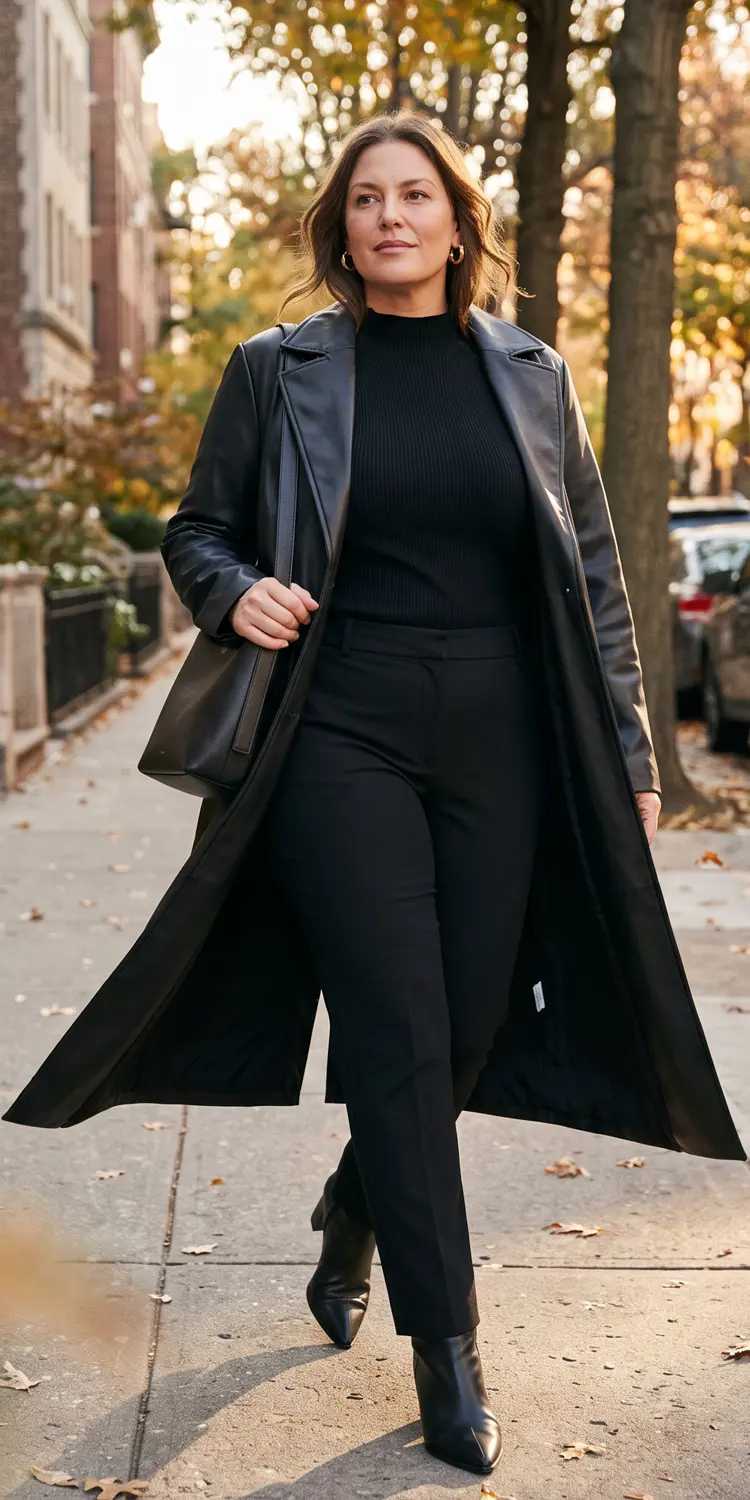 Layer an Open Faux-Leather Trench Over a Head-to-Toe Black Ribbed Base