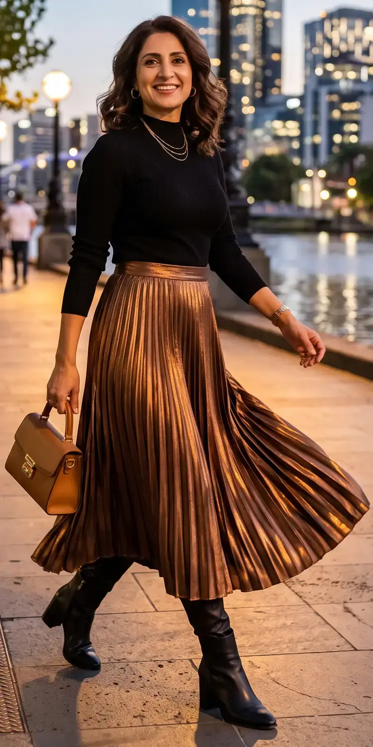 Liquid Metallic Accordion Pleat Midi Skirt with a Fitted Mock-Neck Top