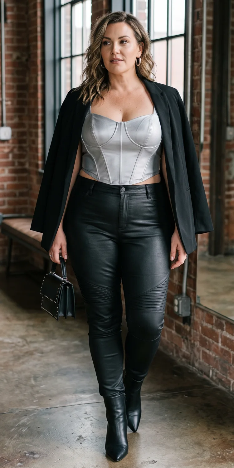 Matte Silver Corset Top Styled with Coated Moto Trousers