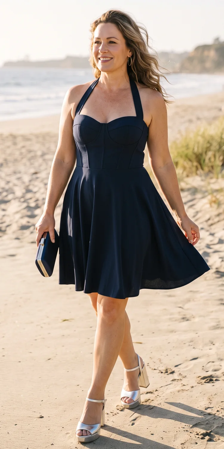Midnight Navy Halter Bustier Skater Dress with Platform Heels