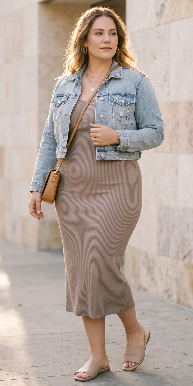 Monochrome Ribbed Knit Midi Dress with a Cropped Denim Jacket