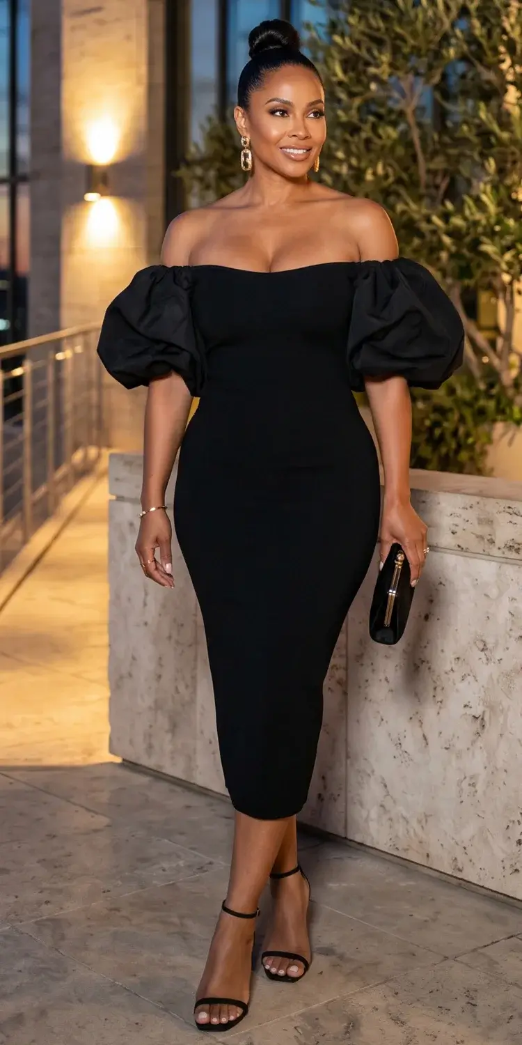 Off-Shoulder Black Bodycon Midi with Gathered Puff Sleeves