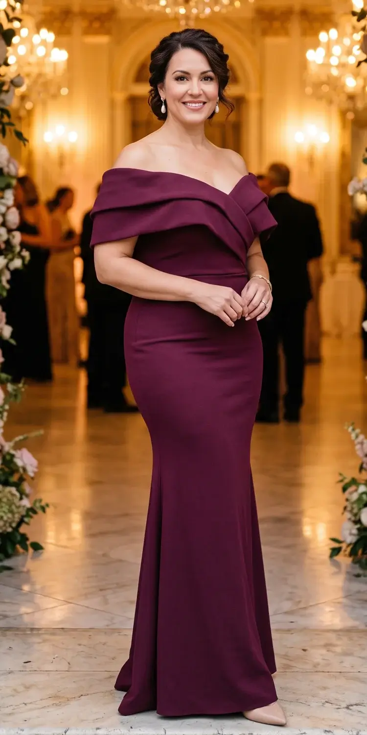 Off-Shoulder Mermaid Gown in Rich Mulberry Crepe