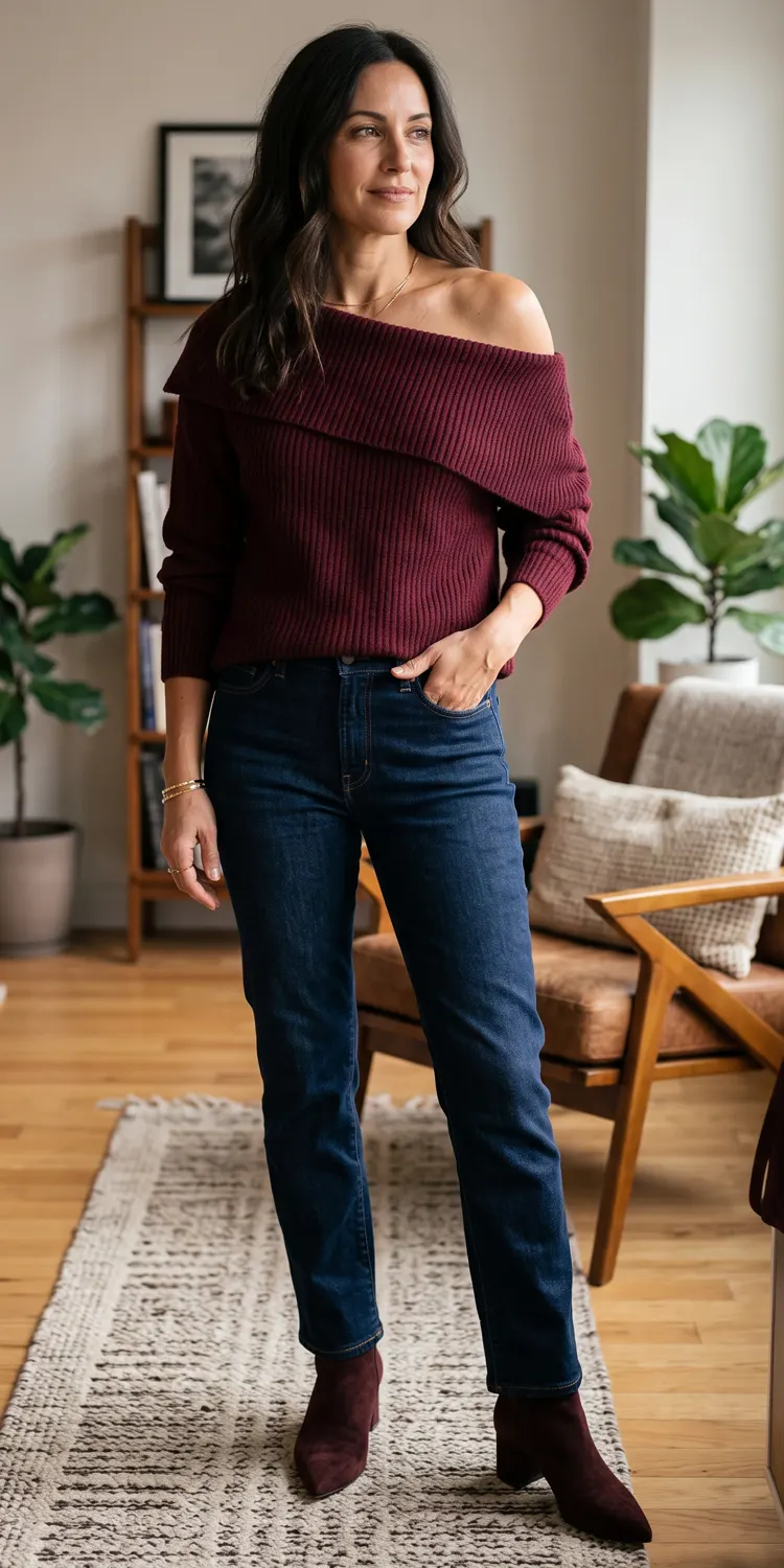 Let an Off the Shoulder Knit Drape Over Dark High Rise Denim