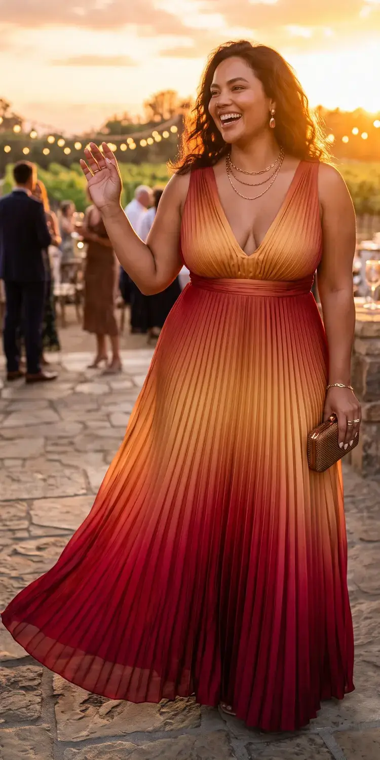 Ombré Sunset Pleated Maxi with a Plunging V-Neckline