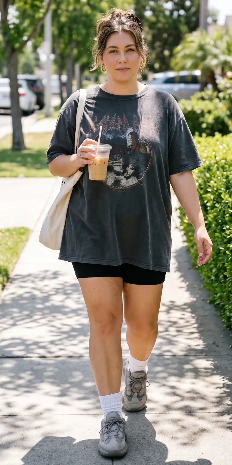 Oversized Graphic Tee Styled Over Biker Shorts with Crew Socks and Retro Kicks
