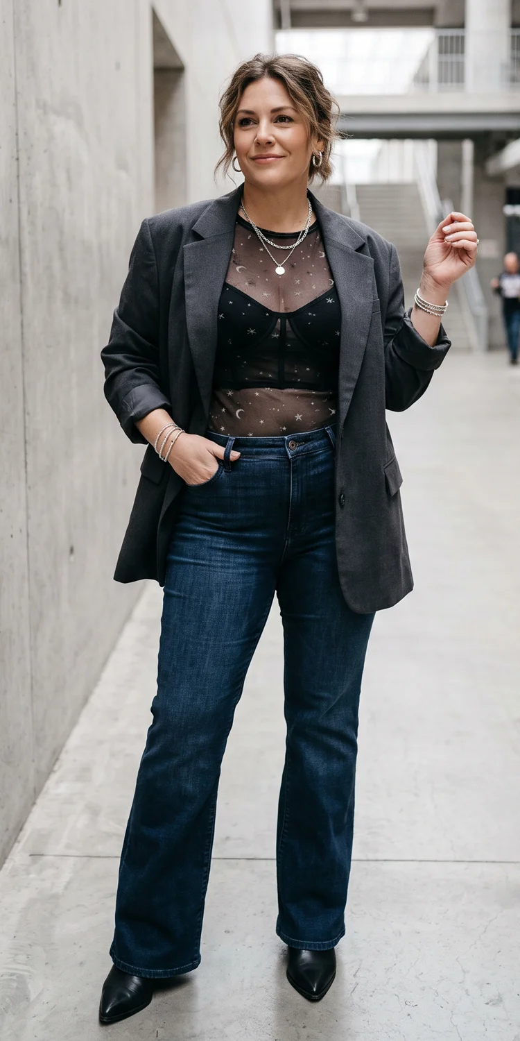 Layer an Oversized Structured Blazer Over a Sheer Mesh Top and Sculpting Flare Jeans